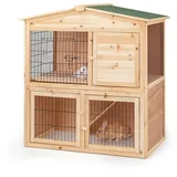 lionto Kaninchenstall aus Holz auf Zwei Etagen mit Rampe, 98x54x100 cm, wasserabweisendes Bitumendach & Metallgitter, Hasenstall Winterfest für draußen mit 4 Eingängen