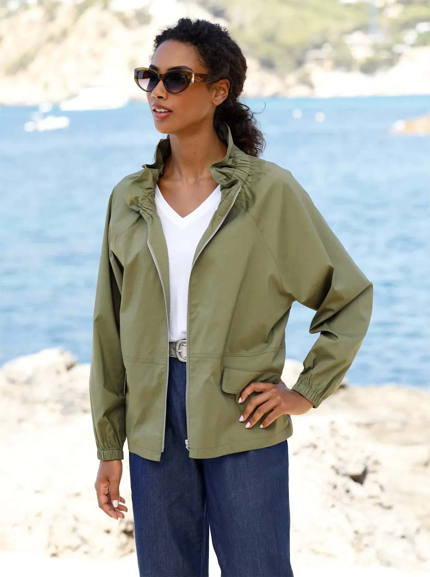 Blusenjacke HEINE, Damen, Gr. 50, oliv, 67% Baumwolle, 29% Polyester, 4% Elasthan, Jacken Blusenjacke