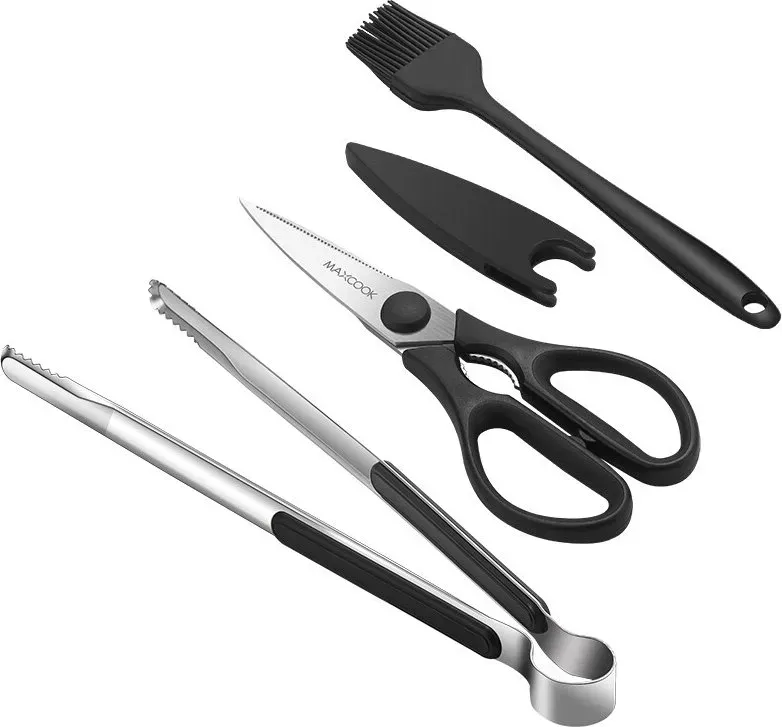 Maxcook 3-teiliges Edelstahl-BBQ-Zubehör-Set - BBQ-Zange, Öl-Pinsel, Schere-Set (Schwarz) MCPJ9562