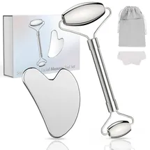 alyvisun Gua Sha Set, Gesichtsmassagegerät Roller Edelstahl, Gesicht Massage für Anwendung Gegen Face Leichte Schwellungen, Mit Tragetasche & Reinigungstuch