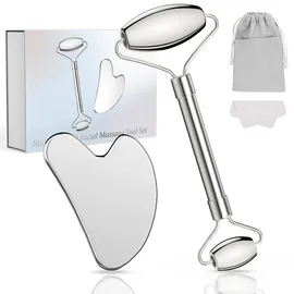 alyvisun Gua Sha Set, Gesichtsmassagegerät Roller Edelstahl, Gesicht Massage für Anwendung Gegen Face Leichte Schwellungen, Mit Tragetasche & Reinigungstuch