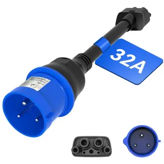 coolladen 3Pin Blauer CEE Adapter für Tesla Gen 2 Mobile Charger, Tragbares EV Ladegerät Verlängerungskabel zu 240V Steckdose bei 32A, Für Tesla Model S/3/X/Y