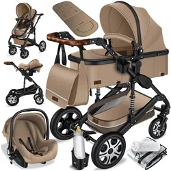 KESSER® Loops 3 in 1 Kinderwagen Kombikinderwagen Komplettset incl. Babywanne & Buggy Sportsitz & Auto-Babyschale - Voll-Gummireifen - Wickeltasche/Regenschutz/Kindertisch Set