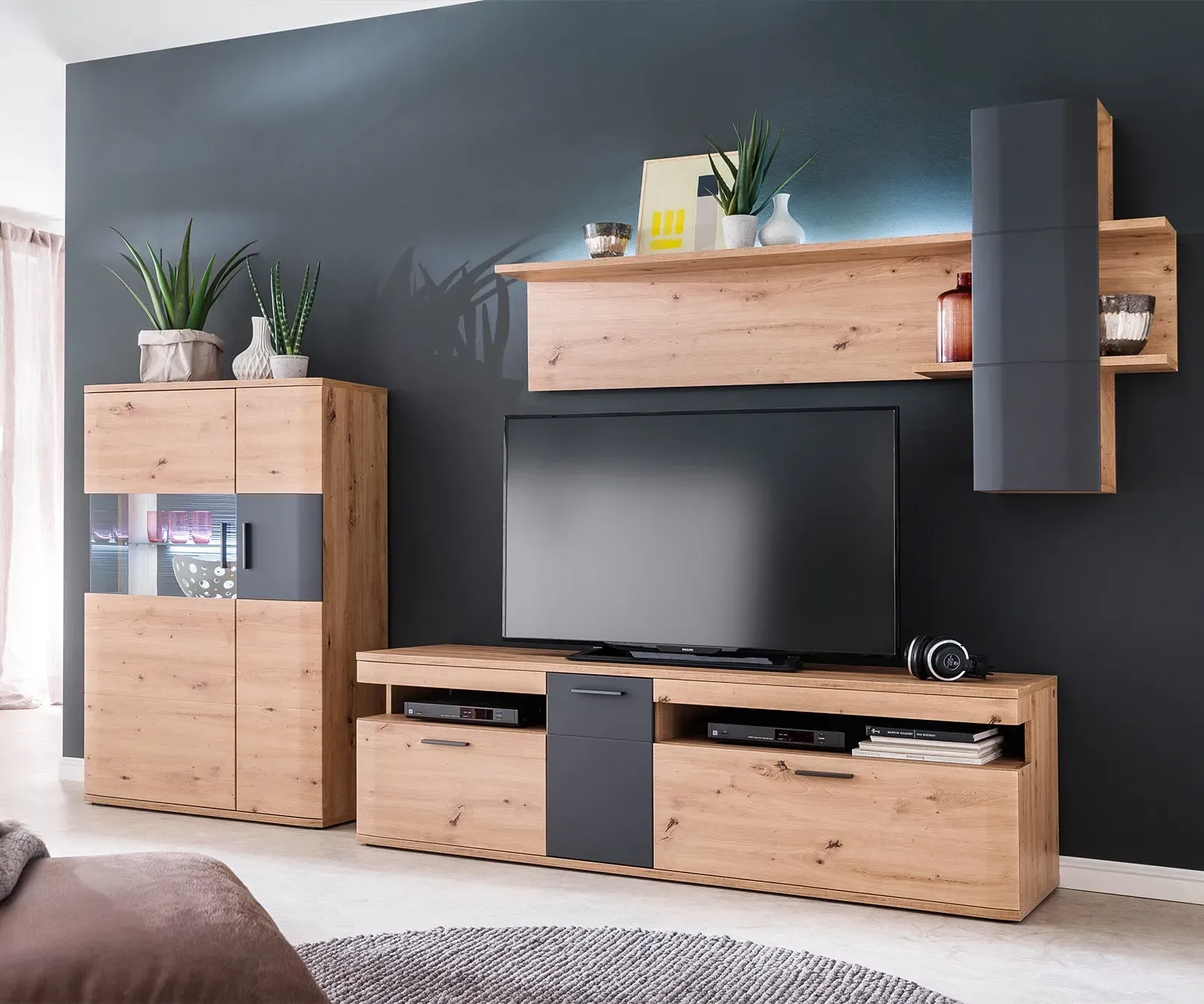 DELIFE Buffet-haut Farum 90 x 130 cm look chêne 3 portes vitrées, Vitrines