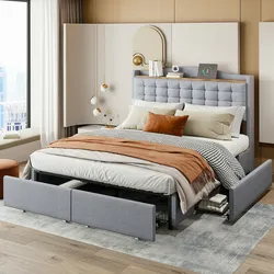 Merax Polsterbett 140*200 cm, Nachttisch mit USB-Ladeanschluss und Ablage, Doppelflachbett mit 4 Schubladen, Leinenstoff Grau