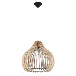 Holz Pendelleuchte rund Wohnzimmerlampe skandinavisch Hängeleuchte Schlafzimmer, Lamellen Design natur, 1x E27, DxH 43x95 cm