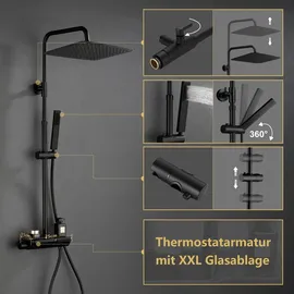 Görbach Regendusche Duschset mit Duscharmatur Komplettset-Edelstahl Duschsystem mit Thermostat Überkopfbrause Handbrause Duschstange Matt Schwarz