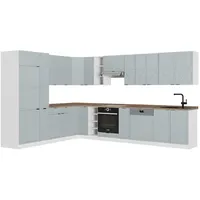 Vicco Eckküche, Hellblau, Weiß, Holzwerkstoff, L-Form,Formgebogen, 347x81.6x60 cm, Küchen, Eckküchen, Eckküchen ohne Geräte