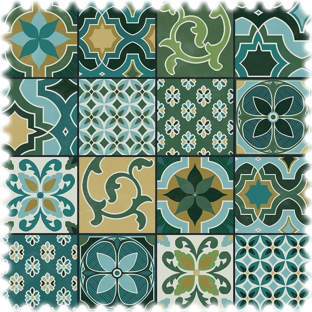 Naturfaser Baumwoll Möbelstoff Lissabon Grün im Azulejos Design