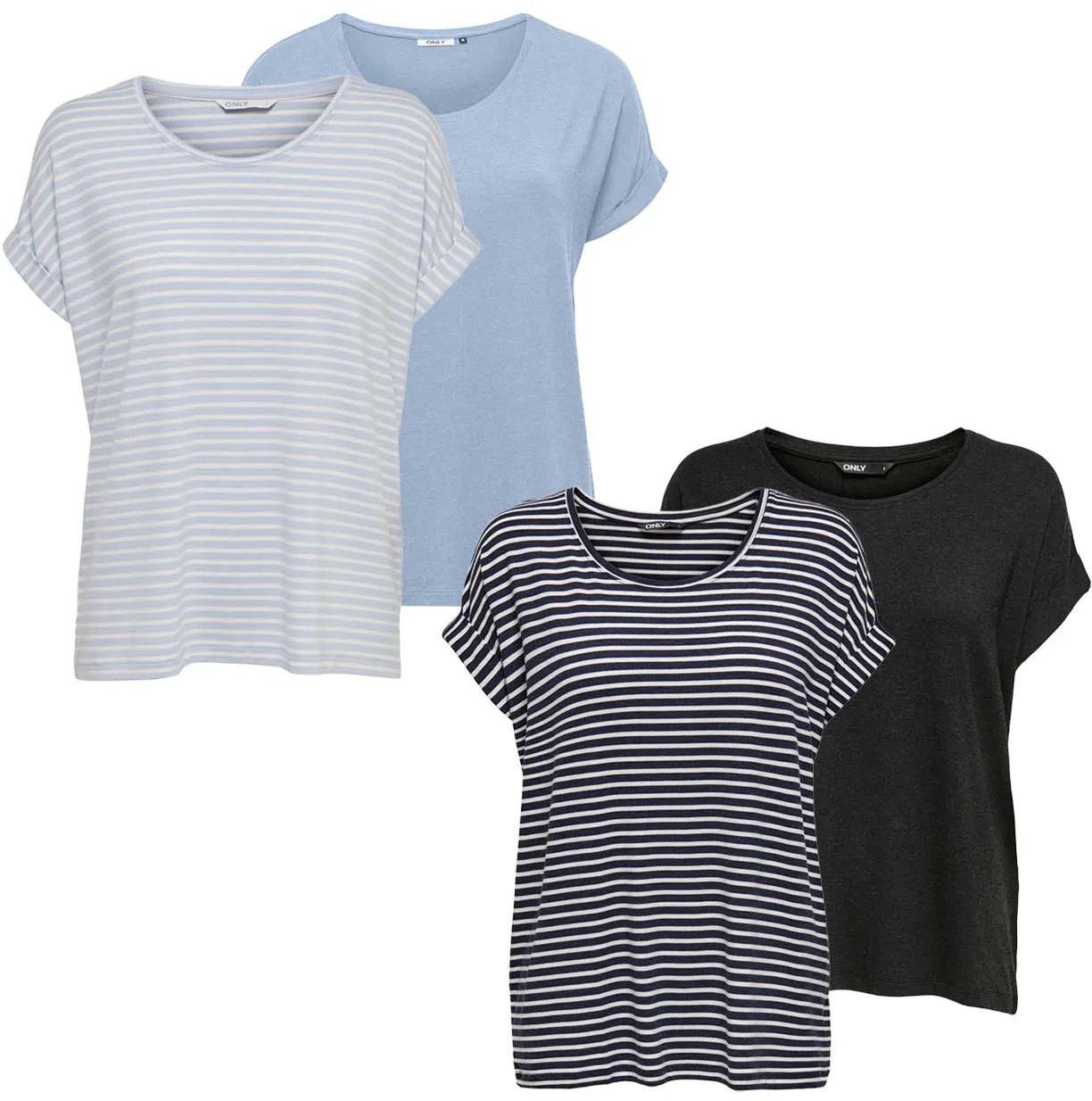 Only Damen O-Neck Top T-Shirt MOSTER 4er Pack Basic Kurzarm Rundhals Shirt Cashmere & Blau XL