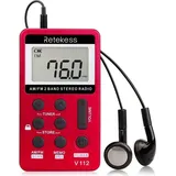 Retekess V112 Mini Radio Klein, AM FM Taschenradio mit Kopfhörer, 500mAh Akku, Sleeptimer, zum Laufen, Outdoor für Senioren (Rot)