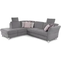 CAVADORE Eckcouch Trend / Skandinavisches Ecksofa mit Federkern, Ottomane und 2 Kopfstützen / 252 x 86 x 213 / Chenille, Grau