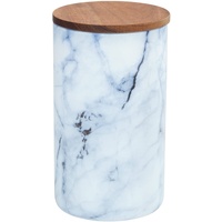WENKO Aufbewahrungsdose Mio, Vorratsdose aus Borosilikatglas in Marmor-Optik in Blau/Weiß mit luftdicht verschließbarem Deckel aus FSC zertifiziertem braunen Akazienholz, 1,4 L, 11 x 19 cm