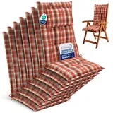 Beautissu 7er Set Gartenstuhlauflagen Hochlehner Auflagen 120x50 cm – 7cm Polster Sitzauflagen Gartenmöbel Made in EU – UV-Lichtecht Sitzpolster Gartenstuhl Orange Rot Grün Kariert – HighLux HL