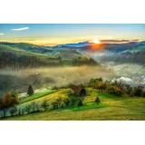 Papermoon Fototapete PANORAMA-LANDSCHAFT DORF WIESE NEBEL GEBIRGE SONNE WALD bunt 5,00 m x 2,80 m