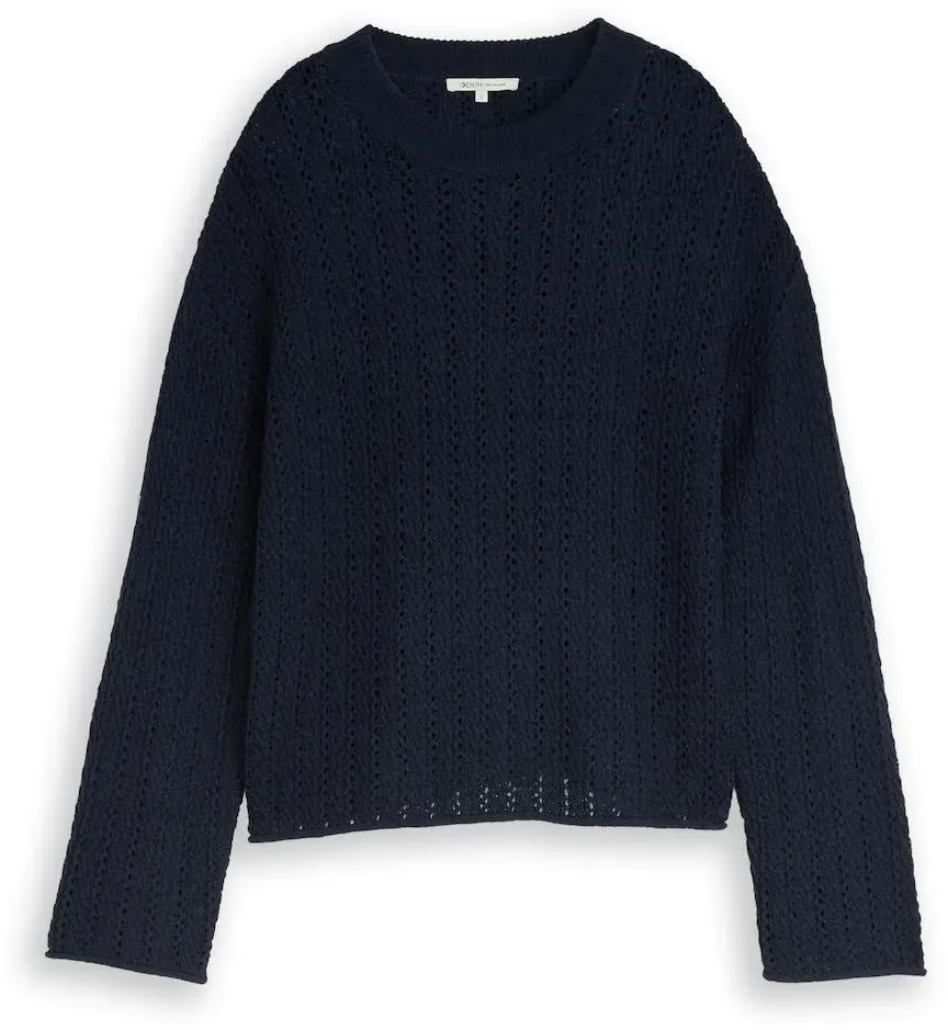 TOM TAILOR DENIM Damen Relaxed Fit Strickpullover mit Lochmuster, blau, Uni, Gr. M