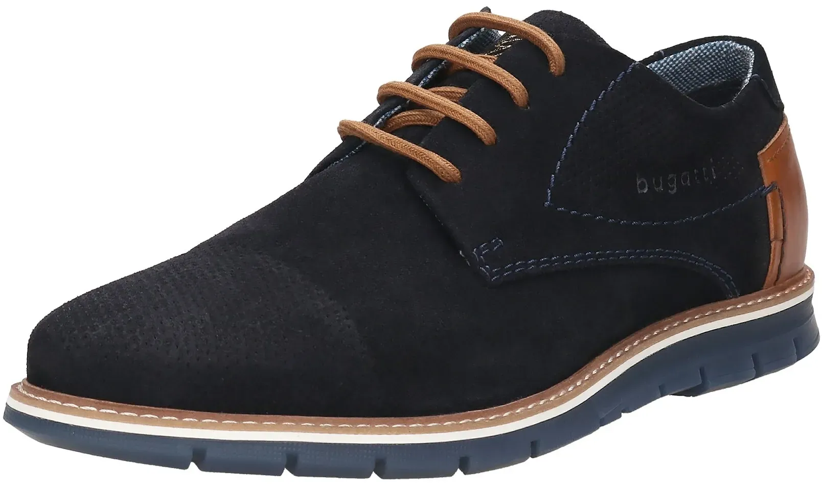 Schnürschuh BUGATTI, Herren, Gr. 47, blau (blau used), Veloursleder, used, Schuhe Schnürschuh, Freizeitschuh, Halbschuh, Sneaker mit Ziernähten