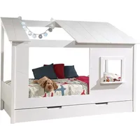 möbelando Hausbett >HAUSBETT< in Weiß aus Massiv Kiefer und MDF - 214x158,5x105cm (BxHxT) - Weiß