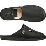 ESTRO Hausschuhe Herren Leder Herrenhausschuhe - Hausschuh Männer Pantoffel Pantoffeln Pantoletten Slipper Mann Warm FROST (44 EU, Onyx/Wolle) - 44 EU