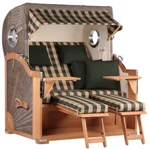 Mr. Deko MR. DEKO® Strandkorb Baltikum 2,5-Sitzer Teak | PE Geflecht Grey | Volllieger Strandkörbe aus Teakholz mit 2 Bullaugen & Fußablagen | Polster mit 4 Kissen | Strandstuhl (Dessin 506)