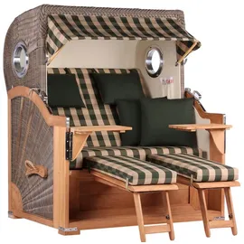 Mr. Deko MR. DEKO® Strandkorb Baltikum 2,5-Sitzer Teak | PE Geflecht Grey | Volllieger Strandkörbe aus Teakholz mit 2 Bullaugen & Fußablagen | Polster mit 4 Kissen | Strandstuhl (Dessin 506)