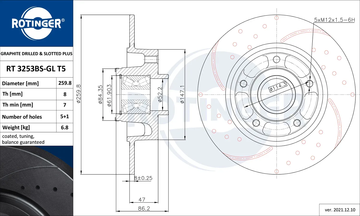 ROTINGER Bremsscheibe rt3253bsglt5 Hinterachse Gelocht 260mm 8mm für RENAULT