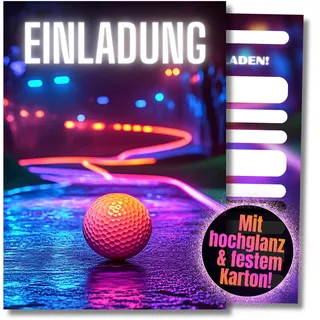 HIDEBLOOM Minigolf Einladungskarten Kindergeburtstag Junge und Mädchen - 12 Stück - DIN A6 (10,5 cm x 14,8 cm) - Geburtstagseinladungen Mädchen Schwarzlichtminigolf - Einladungskarten Minigolf