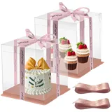 RANJIMA Transparente Kuchenbehälter, 2 Stück Tortenschachtel von 30*30*25cm,Geschenkbox Durchsichtig, Tortenbox mit Boden und Band, Must Have Durchsichtige Geschenkbox für Geburtstags Hochzeitsfeiern