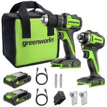 Greenworks POWERALL 24V Akkuschrauber + Schlagschrauber Set inkl. 2 x 2,0 Ah + 65W USB-C Schnellladegerät