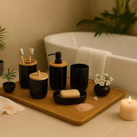 Relaxdays Badezimmer Set Badaccessoire-Set Schwarz/Natur