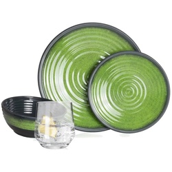 Moritz Geschirr-Set Camping Geschirr Stone Green, Melamin, 12 – 28 tlg, Geschirrset Campinggeschirr Picknick Set 4 Personen grün|weiß