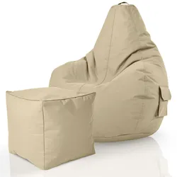 Green Bean© 2er Set Sitzsack + Hocker "Cozy+Cube" - fertig befüllt - Bean Bag Bodenkissen Lounge Sitzhocker Gamingstuhl Pouf - Beige