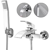 Badewannenarmatur mit Brause, Badewannen- und Duscharmatur, Armatur Badewanne, Wannenarmatur Chrom, Wasserfall, Handbrause und 150 cm Brauseschlauch