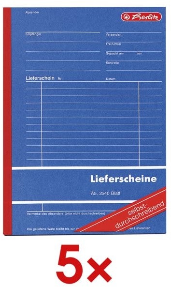 5x Formularbuch »Lieferschein mit Empfangsschein« mehrfarbig, Herlitz, 14.8x21 cm