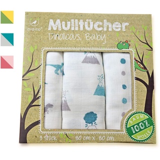 nidito® saugstarke Mulltücher / Spucktücher, 80x80 cm, 3er Set, 100% Baumwolle, bunt, blau, grau, Dinos und Punkte, für Baby Jungen Schnuffeltuch Baby Bio