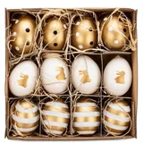 NaDeco Hühnereier, bemalt, 12 Stück, mit Hänger, in vielen Farben & mit verschiedenen Motiven erhältlich | Deko-Ostereier | Schöne Osterdeko zum Aufhängen, Farbe:Gold mit Motiven
