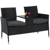 Albatros International Albatros Gartenbank ANTONIO – Polyrattan Bank – 2-Sitzer Gartenbank mit Tischplatte aus Glas – UV beständig wetterfest – Stoffpolster – 134x82x55cm schwarz – VIP RELAX Sitzbank