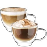 ecooe Doppelwandige Cappuccino Tassen Glaser Latte Macchiato Glaser Borosilikatglas Kaffeetassen Glas 2er Set 350ml Kaffeeglas Teegläser mit Henkel für Cappuccino,Tee,EIS,Milch,Bier