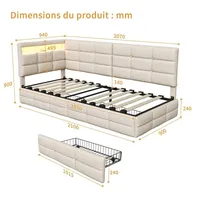 Schlafsofa 90x200 cm - Bettgestell mit USB‐C & LED - Hydraulischer Bettkasten, L‐Form, Hanfstoff, ohne Matratze - Beige - Beige