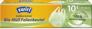 Swirl® Bio-Müll Folienbeutel, DIN CERTCO zertifiziert, garantiert kompostierbar, 1 Karton = 16 x 10 Beutel = 160 Beutel mit Tragegriff, 10 l