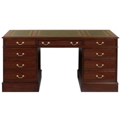 Casa Padrino Luxus Mahagoni Schreibtisch Dunkelbraun / Grün / Gold 140 x 70 x H. 78 cm - Bürotisch im englischen Stil - Luxus Büro Möbel