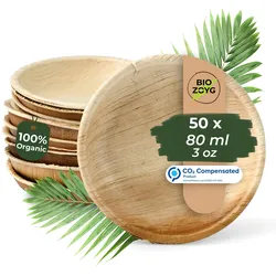 BIOZOYG 50 Stück Dipschälchen 80ml rund Einwegschälchen Palmblattschälchen Snackschälchen, kompostierbar, ideal für Fingerfood und Snacks