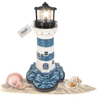 Lemodo Leuchtturm blau,weiß mit rotierendem Leuchtfeuer, Gartendeko 43 cm