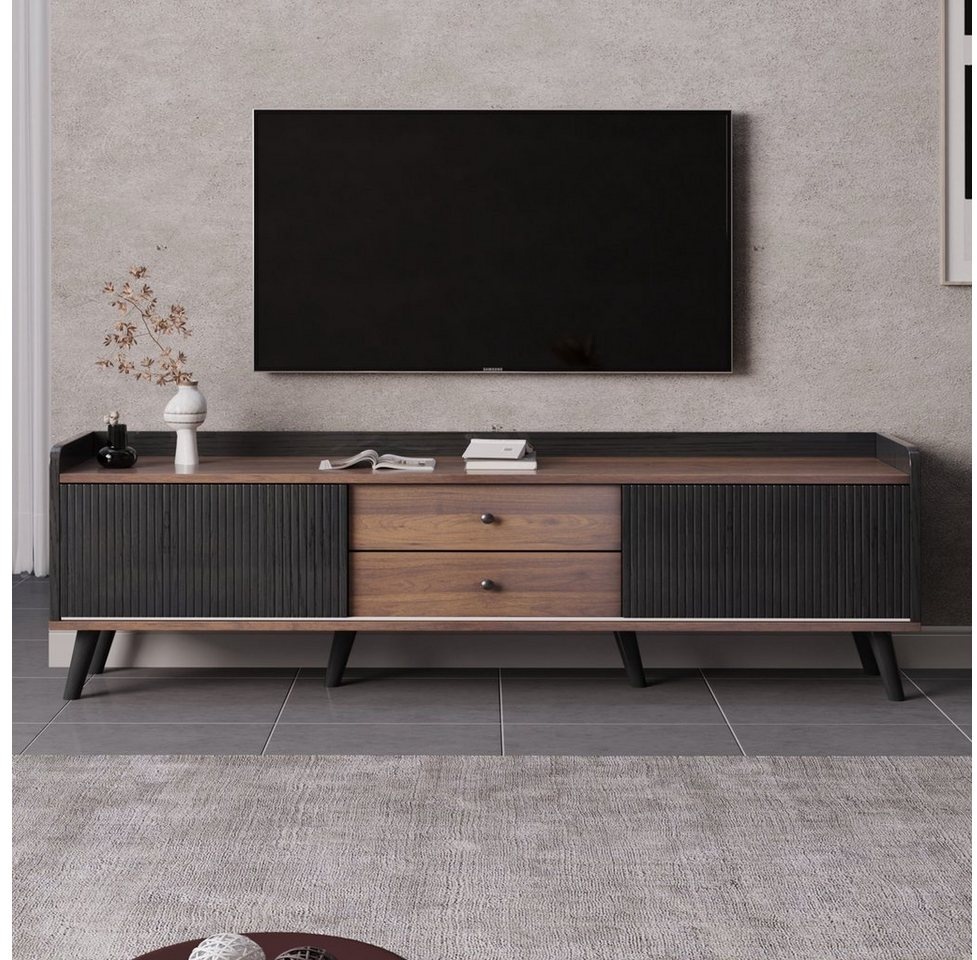 Celya TV-Schrank mit zwei Schubladen,H58/L160/T40 cm TV- Lowboard niedrige Platte mit zwei Schiebetüren, Exquisite Textur schwarz