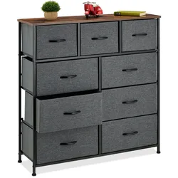 Relaxdays Kommode, HBT 100x100x30 cm, Metall, Holzoptik, 9 Stoff-Schubladen, Ablage, moderne Beistellkommode, mehrfarbig