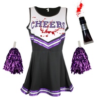 Zombie-Cheerleader-Kostüm mit Kunstblutröhrchen, „totes Cheerleader“-Outfit für Damen, Mädchen oder Kinder zu Halloween, Schwarz-Lila, Größe L