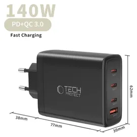 TECH-PROTECT Tech Protect NC140W GAN 4 Port 140W WandLadegerät - Schwarz