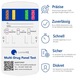 LuxmedIQ 2x LuxmedIQ Drogenschnelltest für 8 Drogenarten - Urin Drogentest Multi 8 - für Cannabis, Kokain, Amphetamin, Ecstasy, Opiate, Methamphetamin, Methadon und Benzodiazepine
