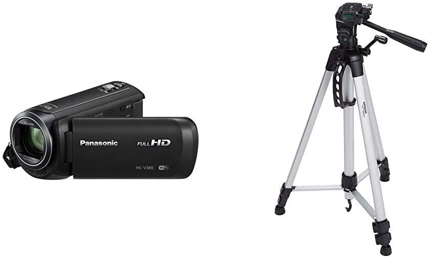 Panasonic HC-V380EG-K Full HD Camcorder (Full HD, 50x optischer Zoom, 28 mm Weitwinkel, optischer 5-Achsen Bildstabilisator Hybrid OIS+) schwarz & Amazon Basics 60-Inch Lightweight Tripod with Bag