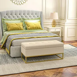 Homcom Sitzbank mit Stauraum, Polsterbank mit Samtoptik, Stahl, Beige